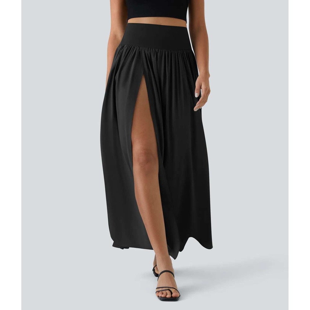 Halara Maxi Skirt Black Breezeful High Waisted 2-in-1 Split Flowy Women Medium